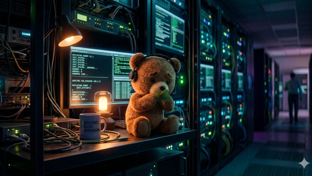 Brumo the stuffed bear sitting in a data center with headphones, holding a leaf, next to a mug that says Efficiency beats enthusiasm - AILinux mascot