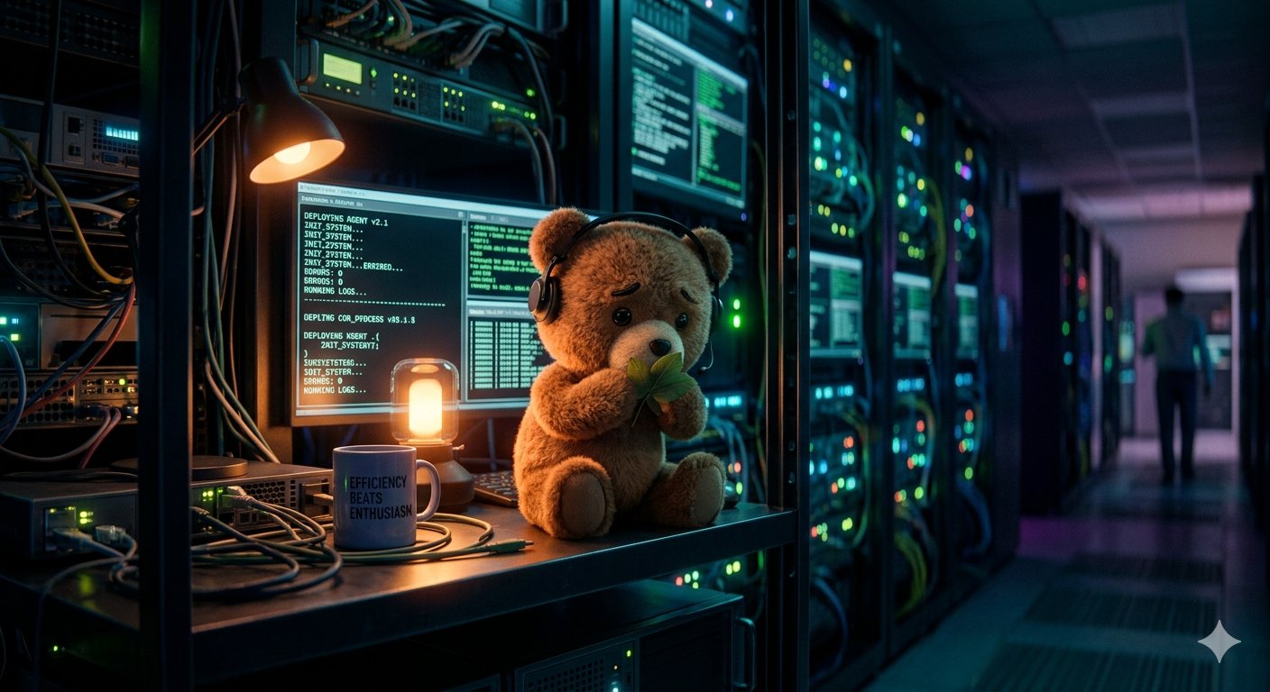Brumo the stuffed bear sitting in a data center with headphones, holding a leaf, next to a mug that says Efficiency beats enthusiasm - AILinux mascot